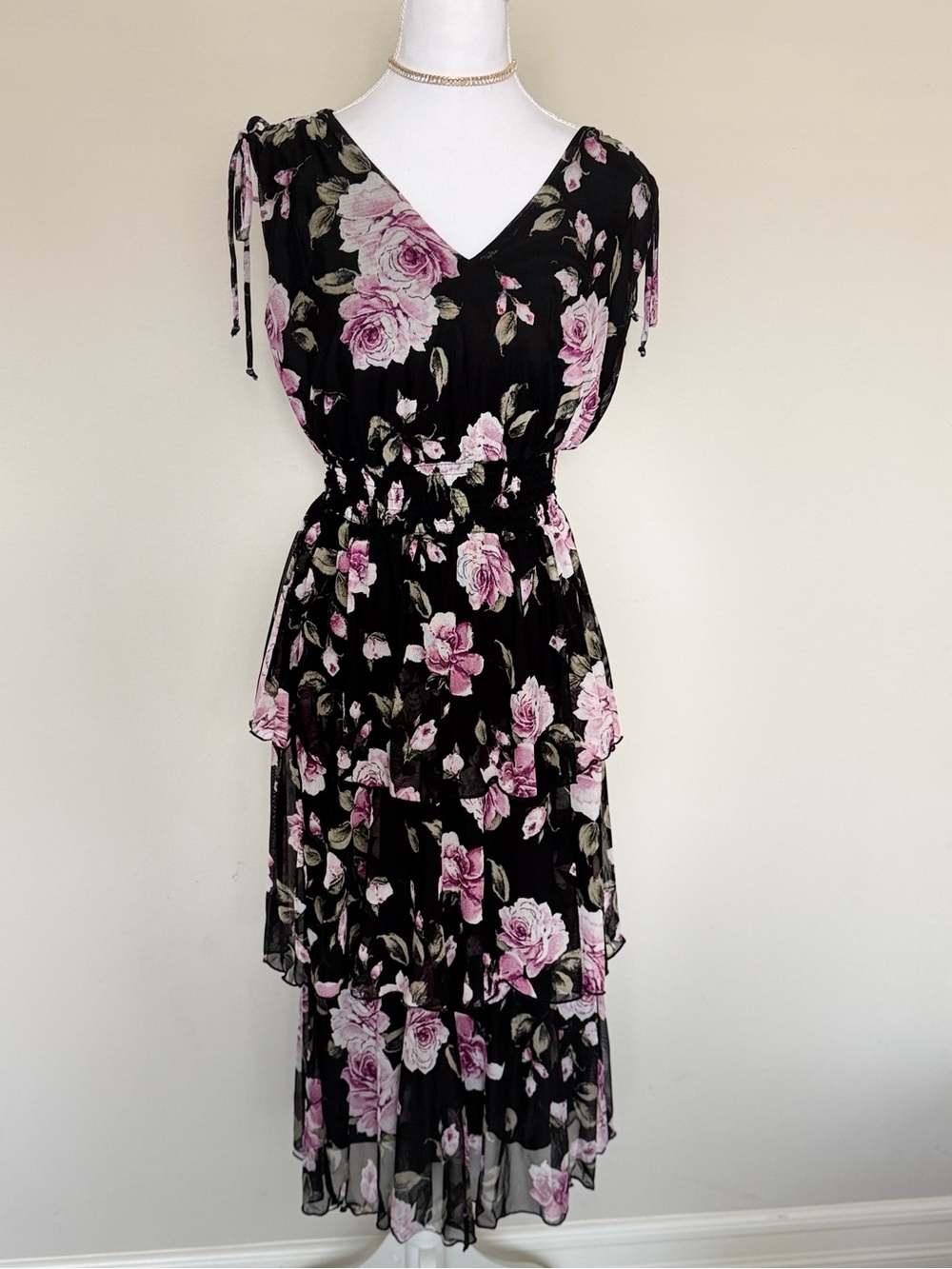 Elie & Emie Black Pink Floral Tiered Midi Dress Size 4